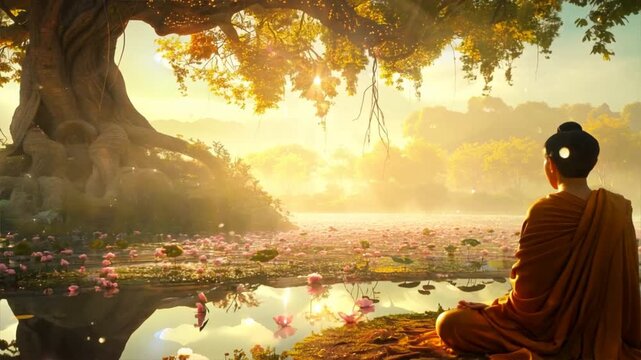 A man is sitting in a lotus position in front of a tree. The scene is peaceful and serene, with the man surrounded by nature