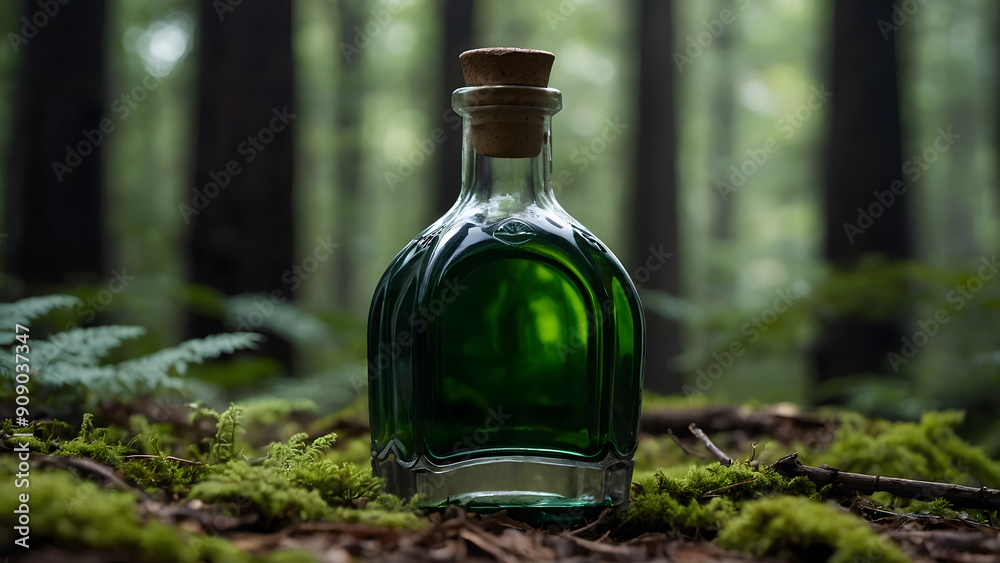 Wall mural a bottle of a mysterious potion stands in the forest. below there is moss and ferns, in the distance