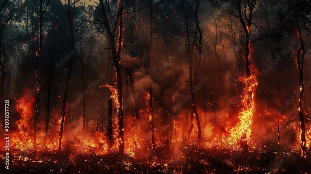 Poster bright flames engulf the forest, devouring trees as smoke and ash billow into the air, creating an o
