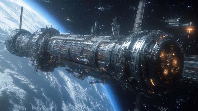 A large space ship is flying through space. The ship is surrounded by a blue sky and a planet
