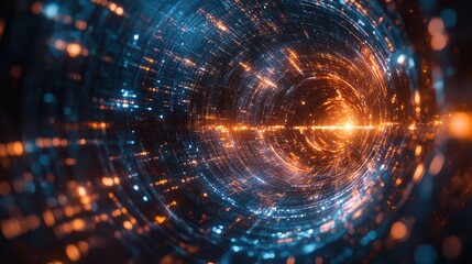 Obraz premium A spiral of light and dark colors with a bright orange spot in the center. The colors and shapes create a sense of movement and depth, as if the viewer is being pulled into the center of the spiral