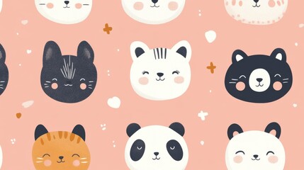 Fototapeta premium A pink background with cute animal faces in black, white, orange, and brown.