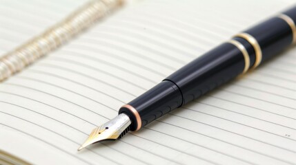 Naklejka premium Minimalist Workspace - Open Notebook and Pen on White Background