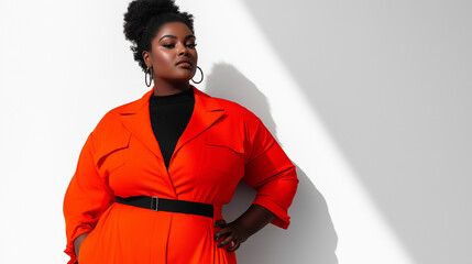 Obraz premium A plus-size model in a chic outfit, confidently posing in a bright, minimalist room with clean white walls and floors