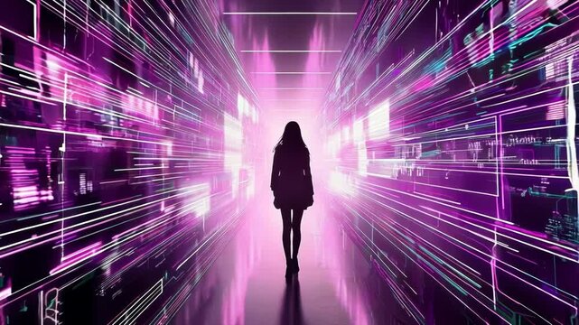 Futuristic Cityscape with Silhouetted Figure