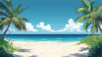 Tranquil Beach Scene with Palm Trees and Blue Sky