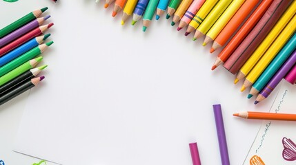 Fototapeta premium Creativity Unleashed - Colorful Box of Crayons and Drawing Paper on White Background