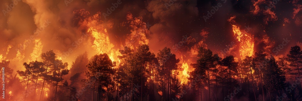 Poster flames engulf the forest as smoke billows into the sky, illustrating the destructive force of the fi