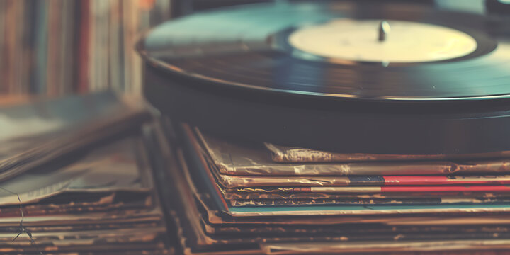 Vintage vinyl record player and stack of records in brown, black and red colors evoke nostalgia and a love for classic music. 