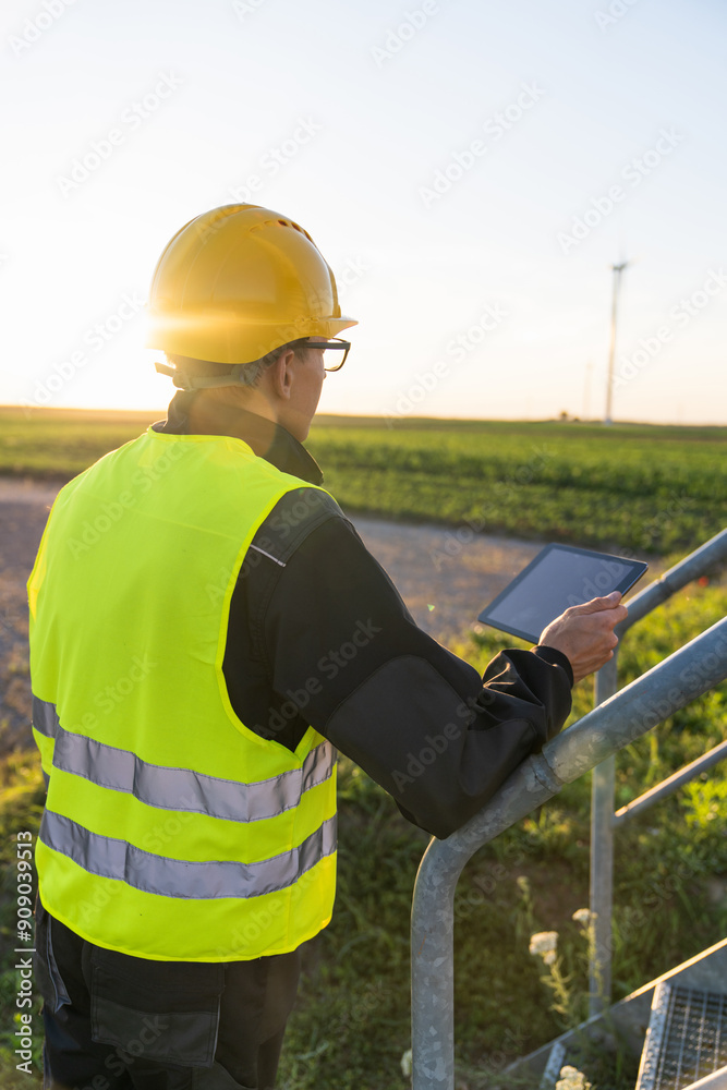 Poster engineer with digital tablet controls wind turbines