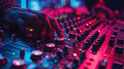 A close-up view of a DJ's hands adjusting knobs on a vibrant mixer during a live music performance, illuminated by colorful lights.