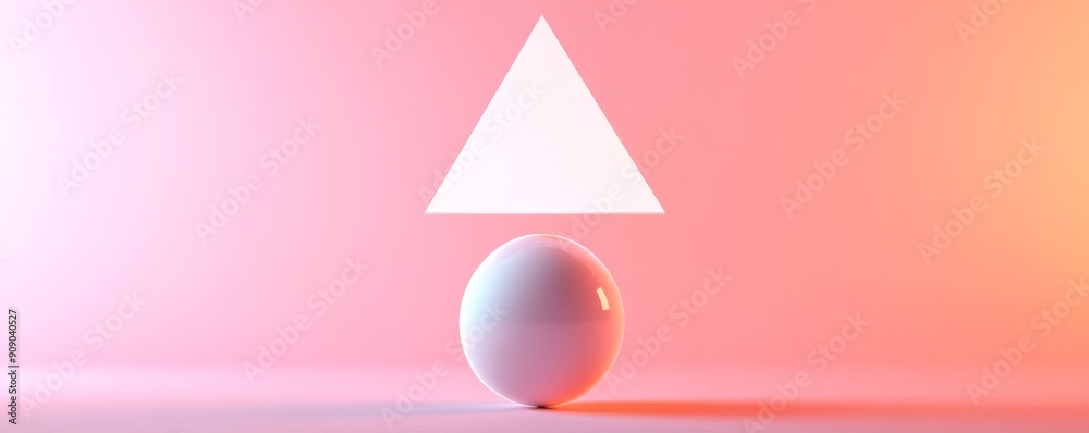 Aufkleber white sphere and triangle on a pink and orange gradient background, modern geometric shapes concept
