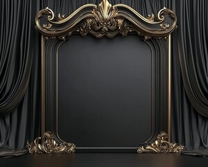 Elegant black and gold ornate frame with intricate design surrounded by dark drapes, perfect for backgrounds or artistic projects.