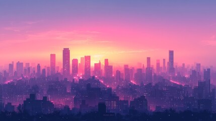 Fototapeta premium Pink Sunset Over a Cityscape with Tall Buildings