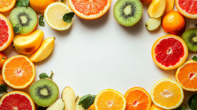 citrus fruits frame, orange, lemon, giwi, fresh fruit, copy text space
