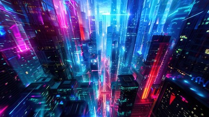Fototapeta premium Futuristic digital cityscape with elegant skyscrapers, advanced technology, and bright neon lights.
