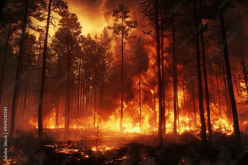 Poster flames engulf a forest, fiercely consuming trees while thick smoke and ash fill the air, creating a 