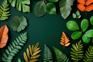 Fototapeta premium A vibrant collection of assorted leaves arranged on a dark background, showcasing nature's diversity and beauty.