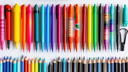 Vibrant Art Supplies Collection with Colorful Markers on Clean White Background