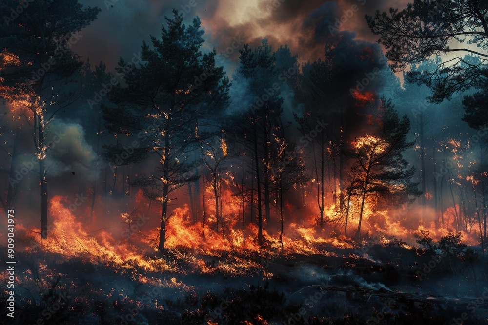 Poster A forest is engulfed in flames, with trees consumed by fire as thick smoke and ash billow into the sky in a devastating display of nature's power. Generative AI