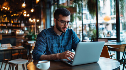 Individual with a visible disability, working on a laptop at a chic cafÃ©, with a cup of coffee and a focused look on their face
