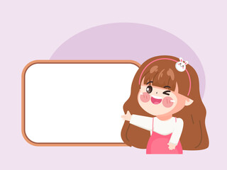 Cute chef woman in uniform character show a big banner for sticker label design.