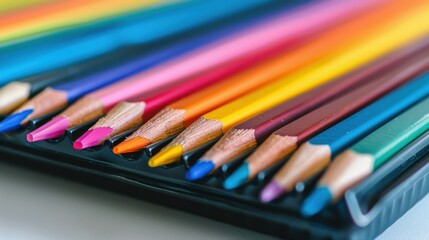 Naklejka premium Vibrant Colored Pencils Set in Carry Case on White Background - Creative Art Supplies Concept