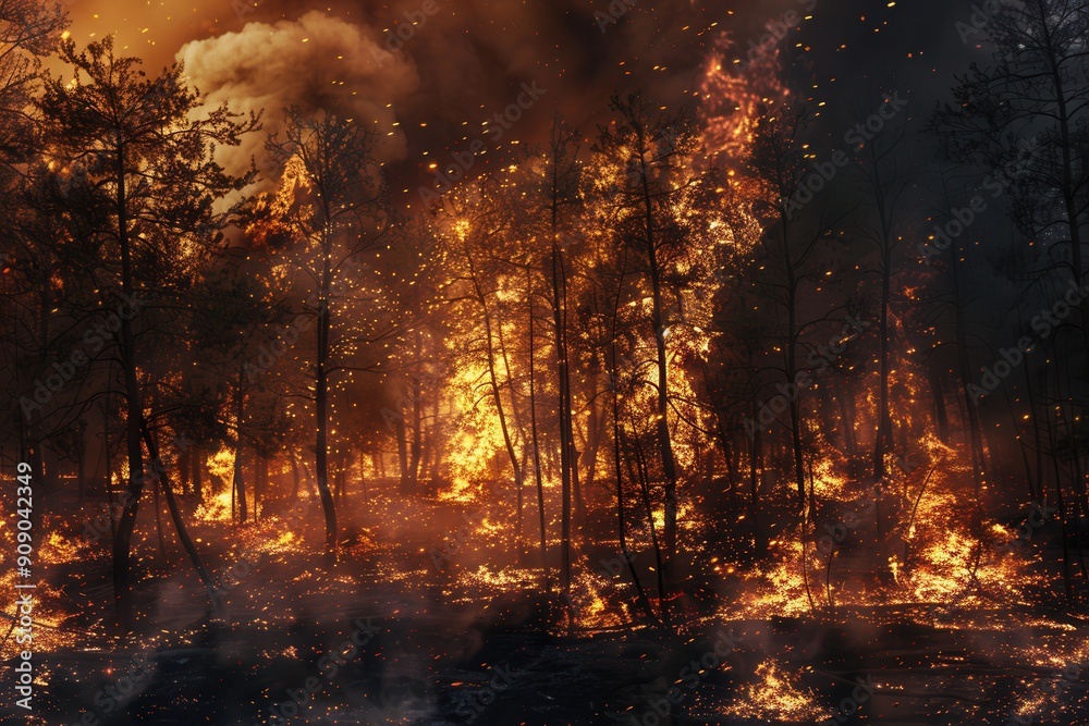 Poster bright flames engulf the forest, consuming trees as thick smoke and ash billow into the sky, creatin