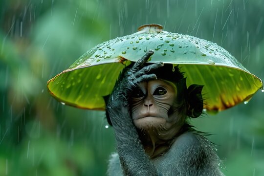   A monkey wearing a green umbrella is raising its head upwards amidst rainfall