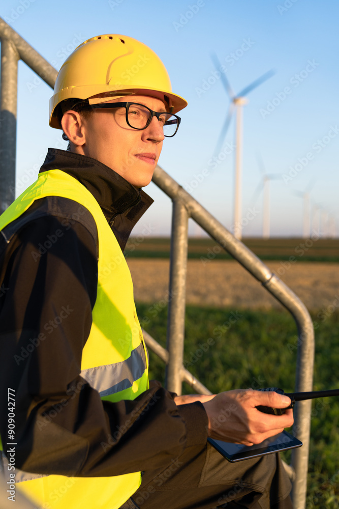 Aufkleber engineer with digital tablet controls wind turbines