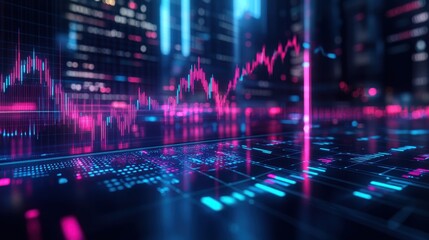 Fototapeta premium Vibrant digital data visualization with glowing graphs and charts over a futuristic city skyline, symbolizing financial growth.