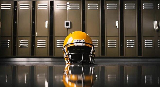 American football helmet in a locker room.