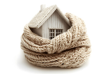 Fototapeta premium House Wrapped in Knitted Scarf For Winter Warmth and Comfort on white background