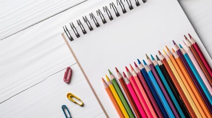 Vibrant Colored Pencils and Sketchpad on Clean White Background for Creative Projects