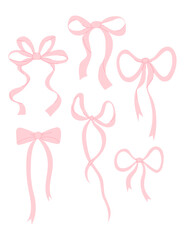 Coquette girly pink ribbon bow collection. Isolated aesthetic trend girls accessories elements. Vector illustration