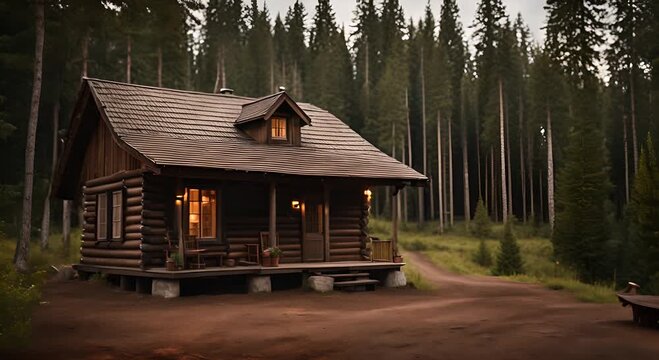 Wooden cabin in the forest.