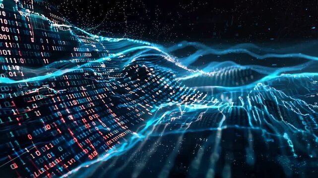 Abstract waves of binary code flowing through a dark, futuristic background