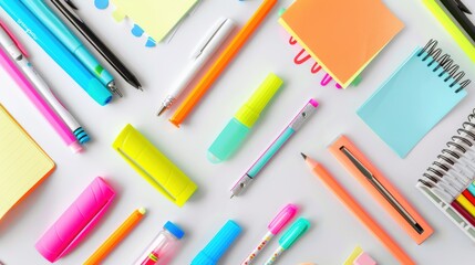 Colorful Collection of Sticky Notes and Highlighters on White Background