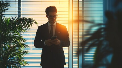Middle aged businessman looking at camera working holding smartphone. Mature 45 years old business man executive, business owner or entrepreneur sitting at desk using mobile cell phone. Portrait.