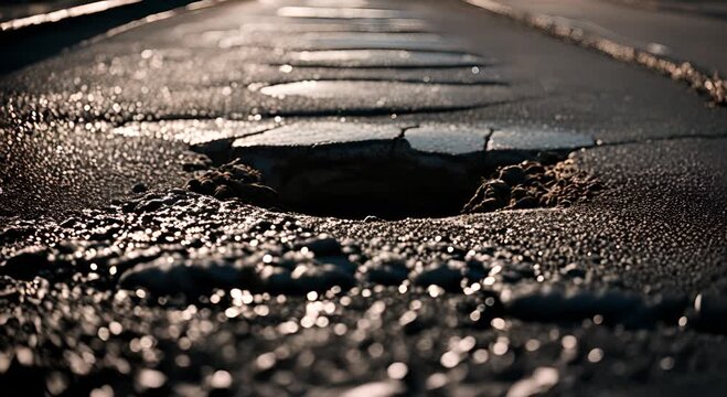 Large potholes on a road.