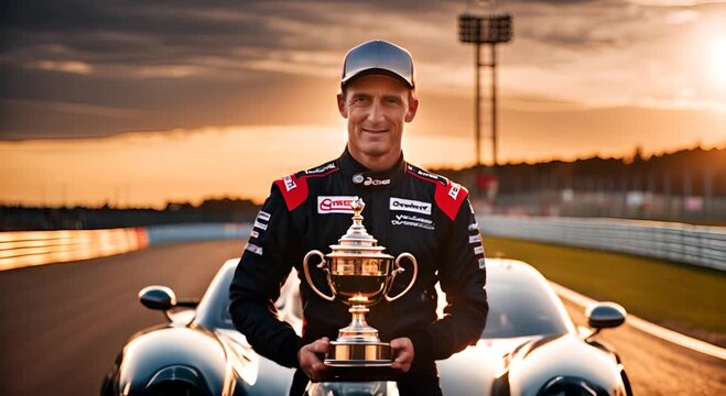 Racing driver with a trophy.