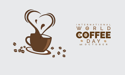 Cup of coffee with coffee beans decoration and sprinkle forming world map, banner, poster, greeting card