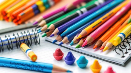 Fototapeta premium Vibrant Collection of Crayons and Drawing Paper on Clean White Background for Creative Projects and Artworks
