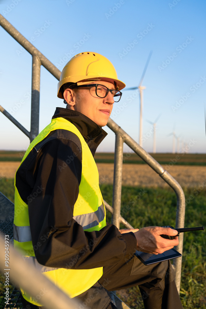 Aufkleber engineer with digital tablet controls wind turbines