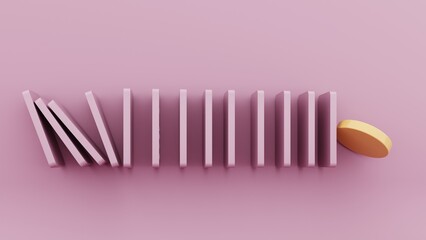 Domino game - 3d render. Tiles, blocks of dominoes with even dots on pastel background. Domino effect business concept, logo for companies, trainings. Board game of dice with a winner and a loser.