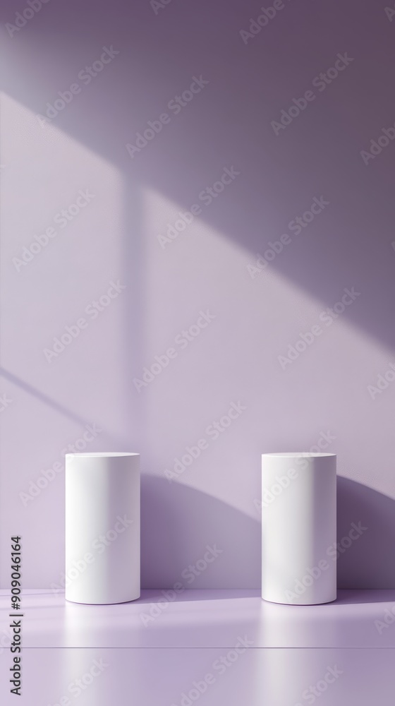Poster two white cylindrical objects on a purple surface with light and shadow play