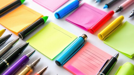 Fototapeta premium Colorful Variety of Sticky Notes and Pens on White Background for Organization and Productivity
