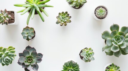  The Exquisite Long Arrangement of Various Types and Colors of Succulent Plant Potted Plants on a White Background from Top View: A Visual Delight of Nature's Artistry.