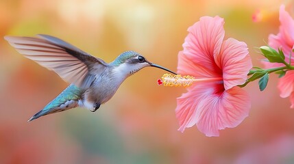 Fototapeta premium Tiny ruby-throated marvel hovers, wings a blur, feeding on nectar from vibrant flower