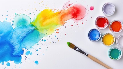 Fototapeta premium Vibrant Watercolor Paints and Brush on Clean White Background